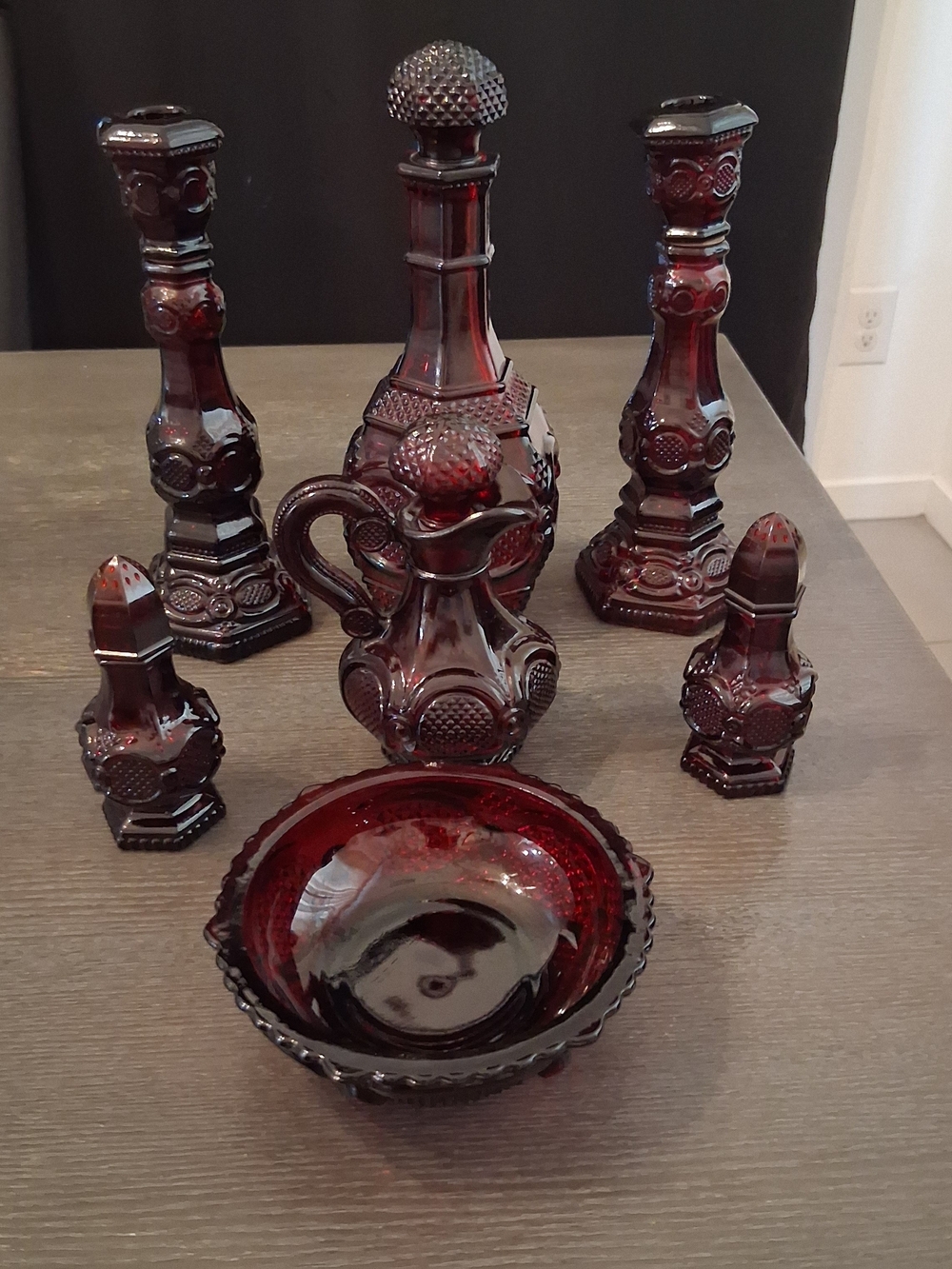 Avon Vintage Ruby Red Glass Decanter & Decorative Bowl Set - Home Art
